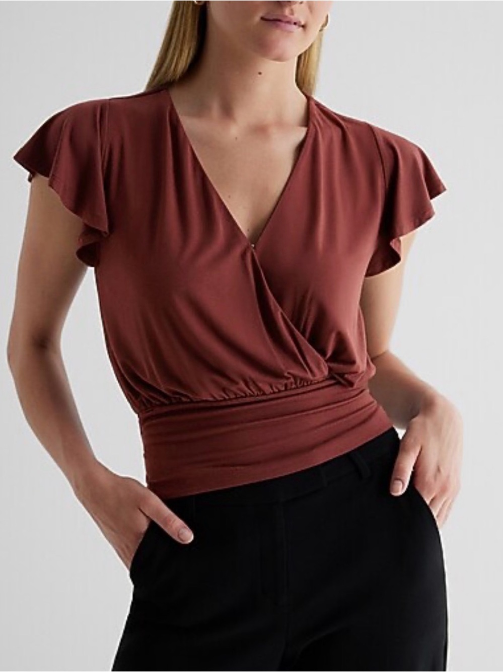 Express Women's Rust Brown Surplice Flutter Sleeve Top size SMALL